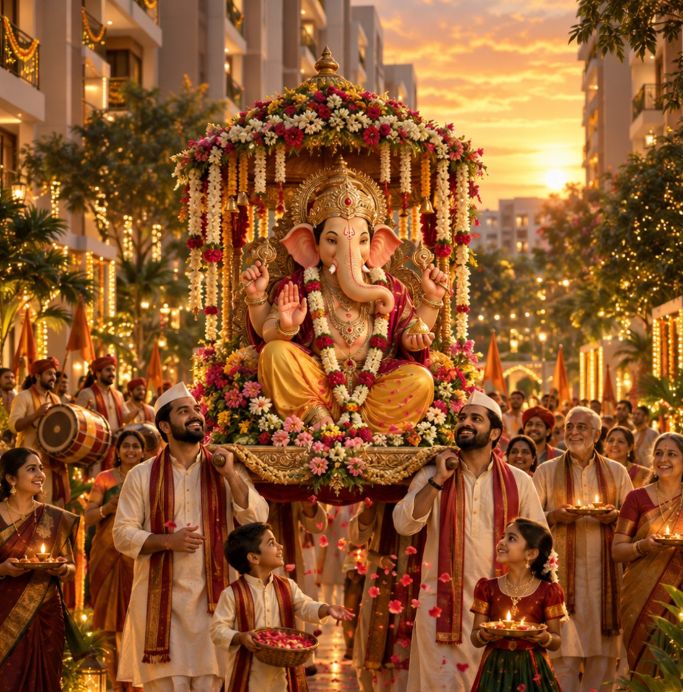 Ganesha Visarjan procession at sunset